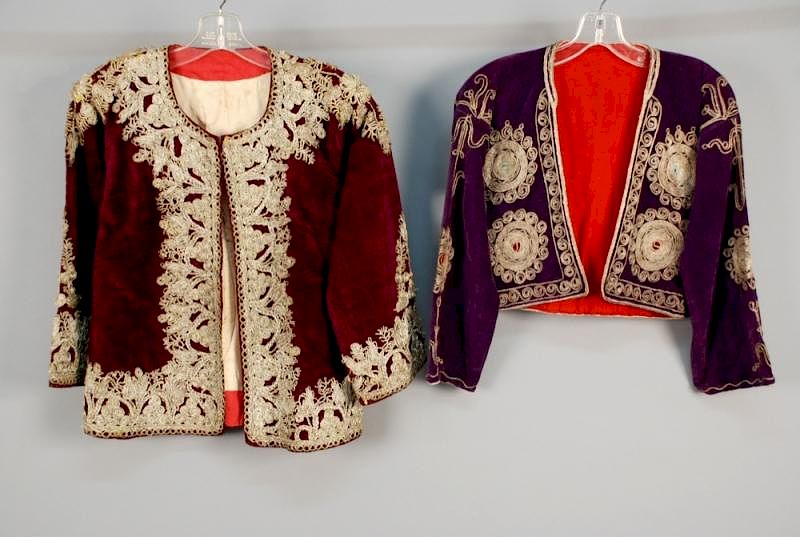 Appraisal: TWO ETHNIC METALLIC EMBROIDERED VELVET JACKETS EARLY th C Turkish