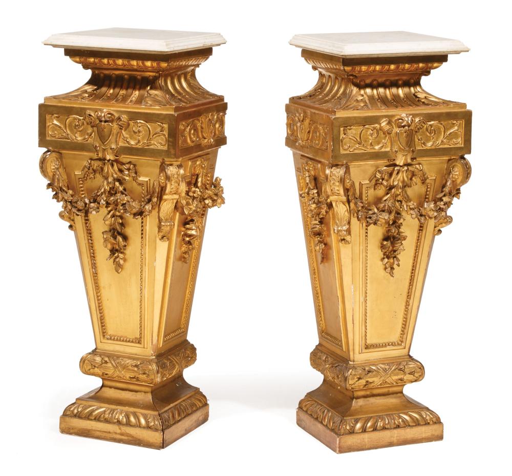 Appraisal: Pair of Napoleon III-Style Giltwood Pedestals stepped marble top relief