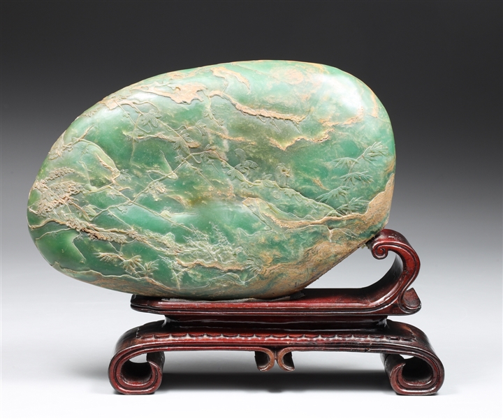 Appraisal: Carved vintage Chinese hardstone with mahogany stand depicting forest scene