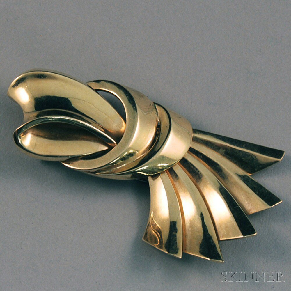 Appraisal: Retro kt Gold Reflection Ribbon Brooch Trabert Hoeffer Mauboussin lg