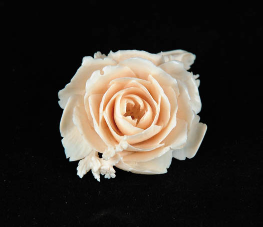 Appraisal: CARVED IVORY ROSE BROOCH Probably th Century Open rose with