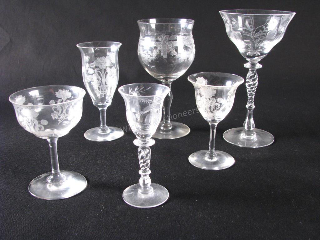 Appraisal: Group of Etched Crystal Stemware pieces total Fostoria style including