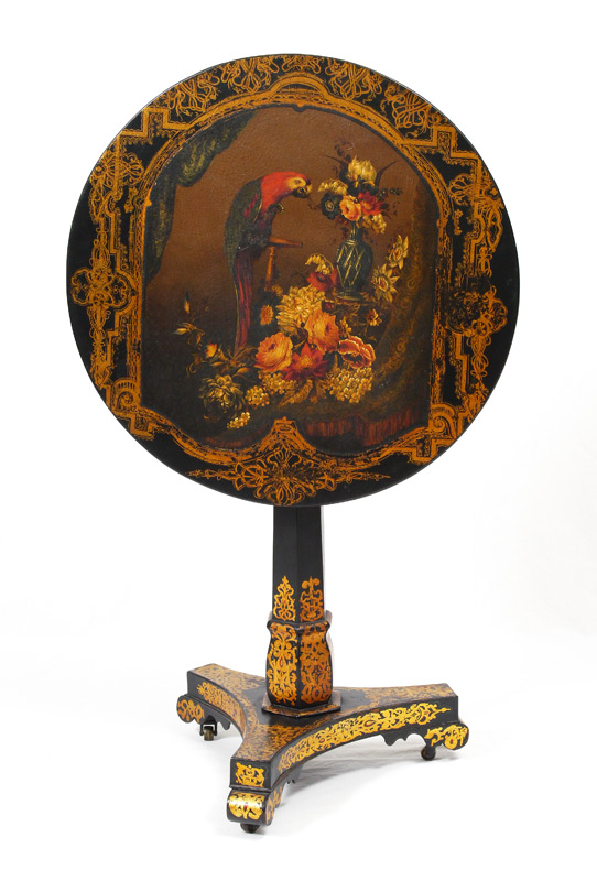 Appraisal: VICTORIAN PAINT DECORATED TILT TOP SIDE TABLE Paper mache top