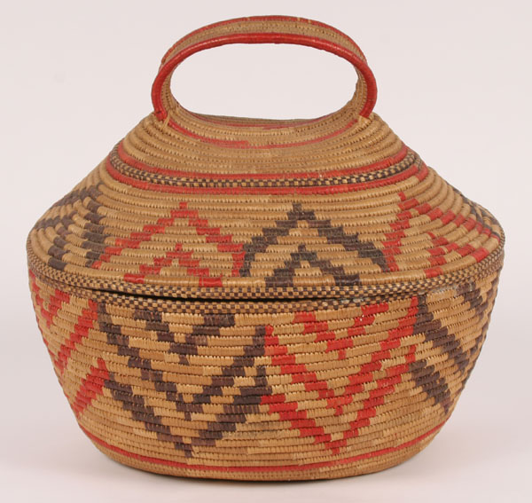 Appraisal: Native American African handled lid woven basket oblong shape color