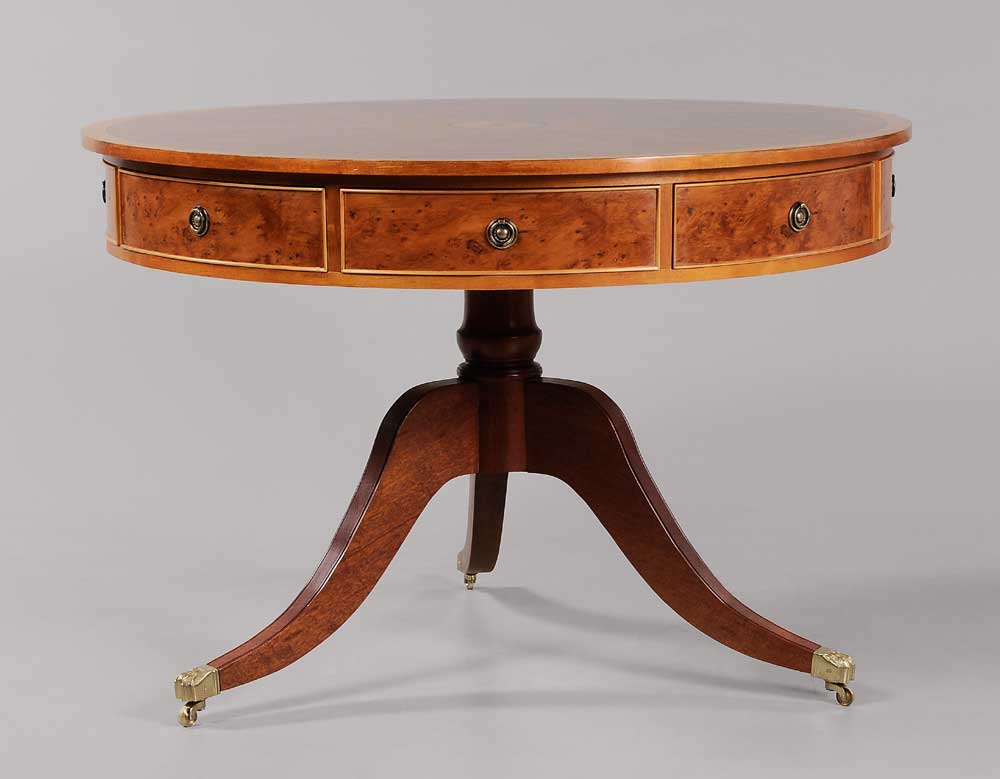 Appraisal: Regency Style Yew Wood Drum Table modern construction figured segmented