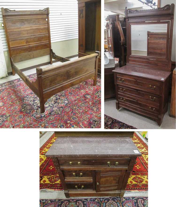 Appraisal: THREE-PIECE VICTORIAN WALNUT BEDROOM FURNITURE SET Charles Eastlake design American