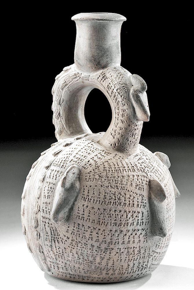 Appraisal: Chavin Pottery Stirrup Vessel Depicting Duality Pre-Columbian northern Peru Chavin