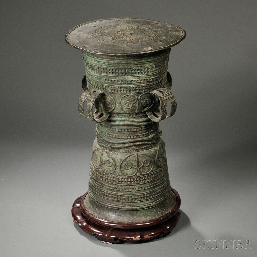 Appraisal: Bronze Rain Drum Southeast Asia waisted cylindrical form decorated with