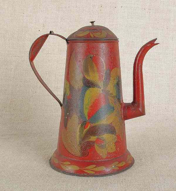 Appraisal: Red tole coffeepot th c with a goose neck spout