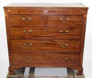 Appraisal: English over mahogany chest with inlaid shell decoration h x