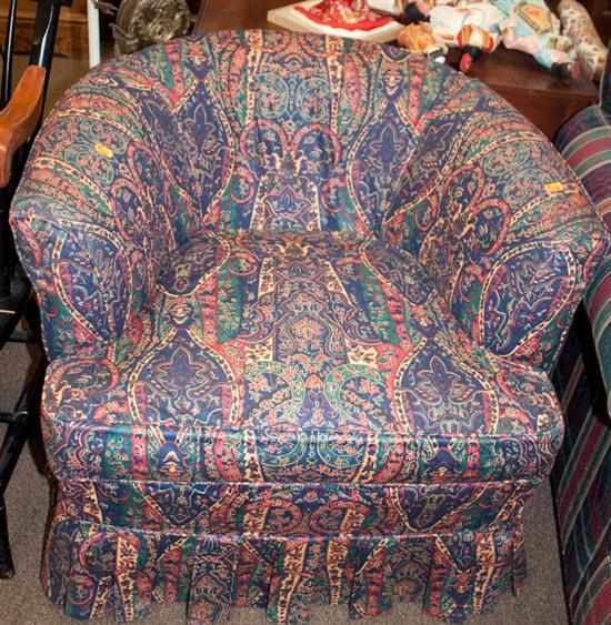 Appraisal: Overstuffed upholstered barrel-back chair Estimate - No condition report supplied