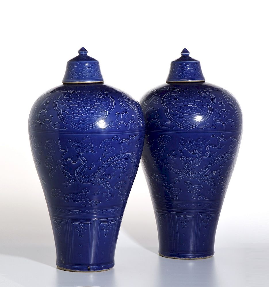 Appraisal: Pair Large Blue Enameled 'Dragon' Meiping Vases Each solidly potted