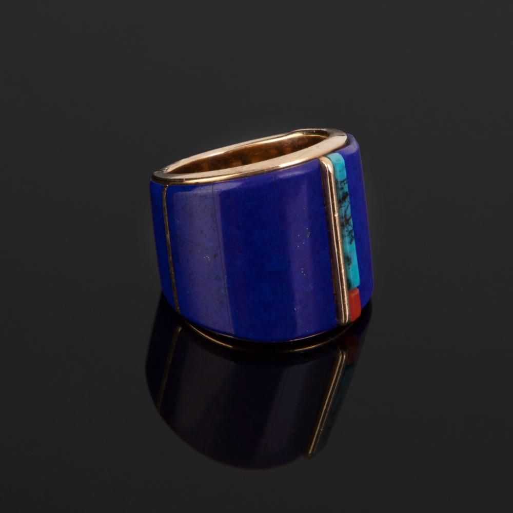 Appraisal: RICHARD CHAVEZ GOLD LAPIS CORAL AND TURQUOISE RINGRichard Chavez San