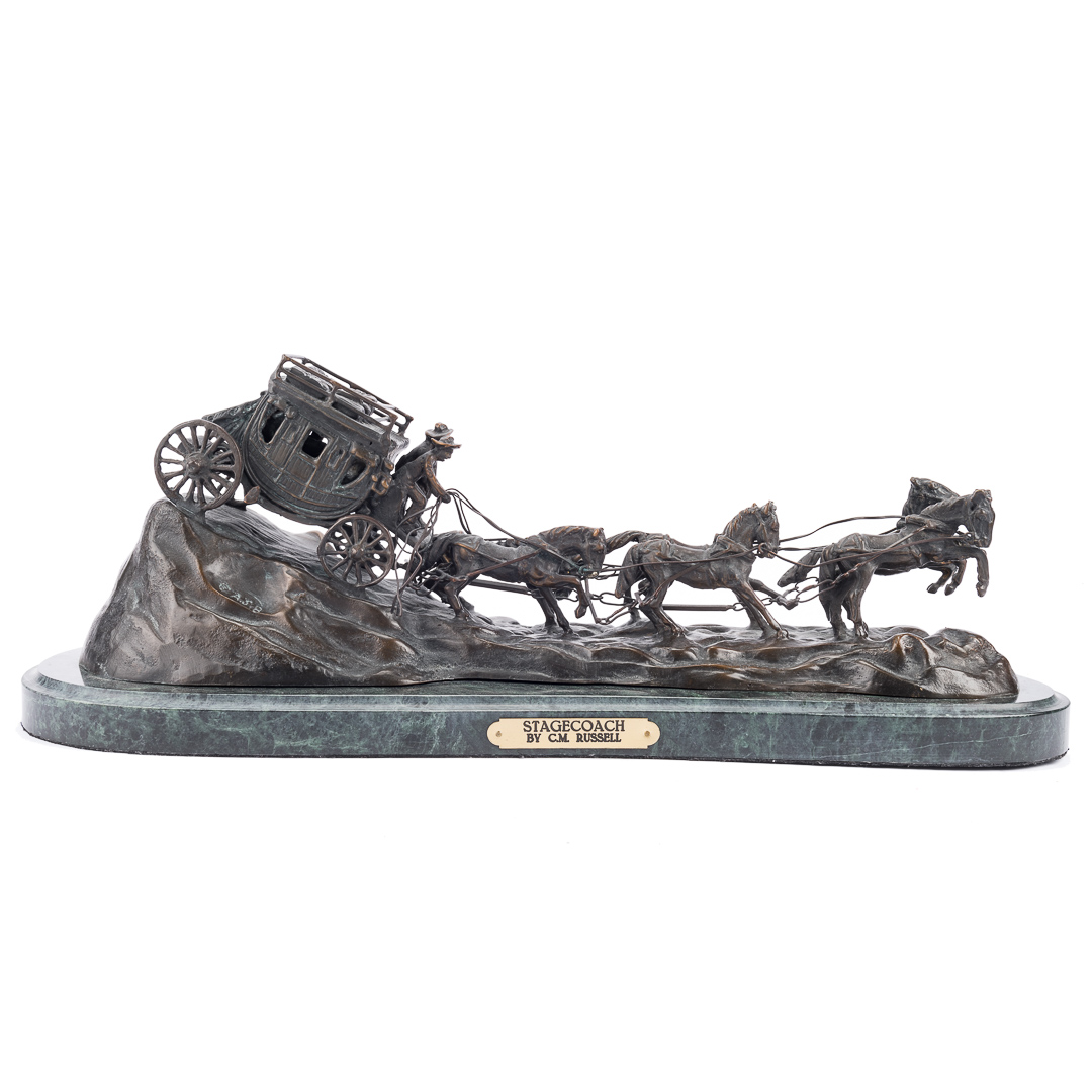 Appraisal: After Charlie Russell Stagecoach bronze mounted on marble base with