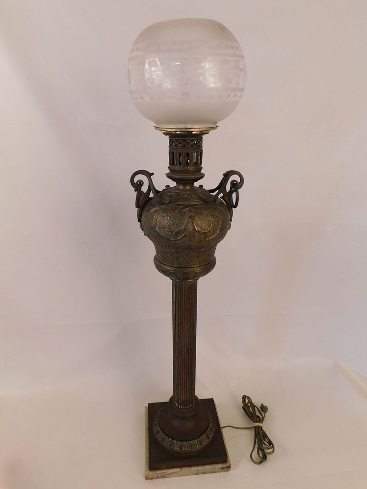 Appraisal: VICTORIAN BANQUET LAMP inch tall Victorian fancy brass electrified banquet