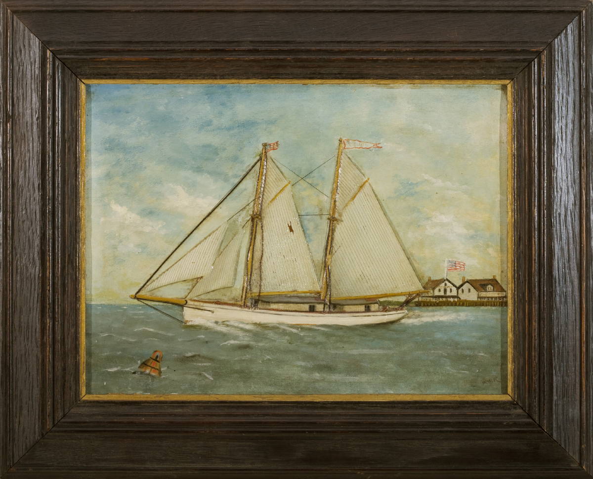 Appraisal: PAINTED AND RELIEF-CARVED PICTURE OF THE TWO-MASTED SCHOONER quot SCUD