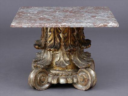 Appraisal: NEOCLASSICAL-STYLE CARVED SILVERED AND PARCEL-GILT CORINTHIAN CAPITAL TABLE WITH MARBLE