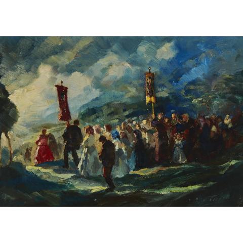 Appraisal: Peczely Antal - PROCESSION Hungarian Oil on canvas signed lower