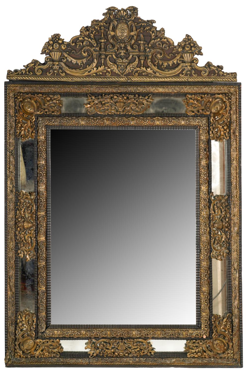 Appraisal: BAROQUE-STYLE GILT METAL WALL MIRRORthe beveled mirror plate within cushiion