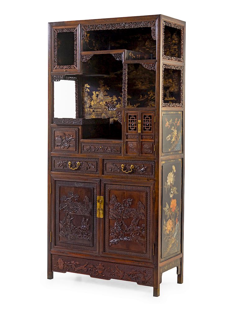 Appraisal: A Gilt Lacquered Hardwood Displaying Cabinet Duobaoge Height x length