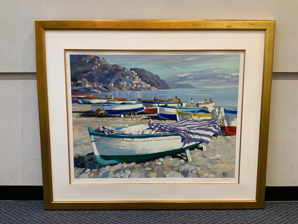 Appraisal: Howard Behrens American Docked Boats Serigraph Frame x in x