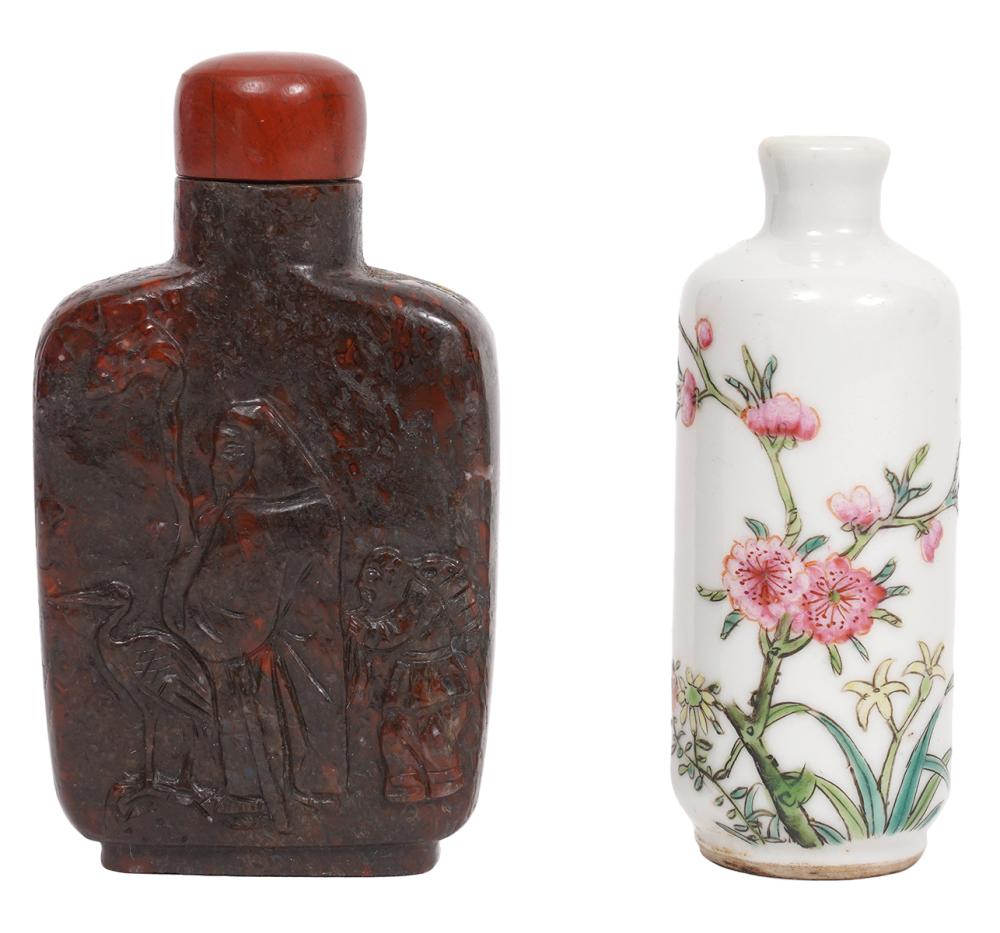 Appraisal: CHINESE SNUFF BOTTLES RED JASPER ROSE MEDALLIONChinese Red Jasper carved