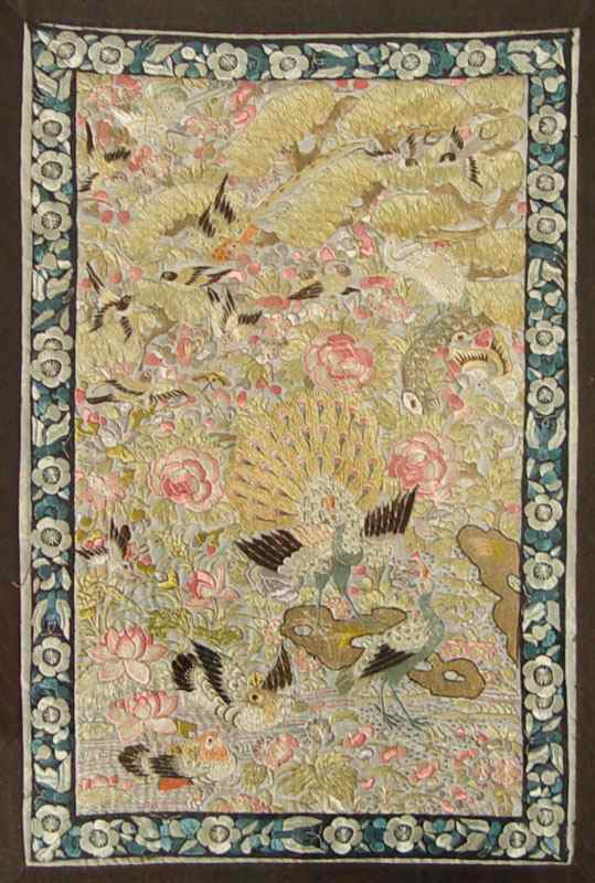 Appraisal: CHINESE SILK ON SILK EMBROIDERED PANEL Richly detailed birds and