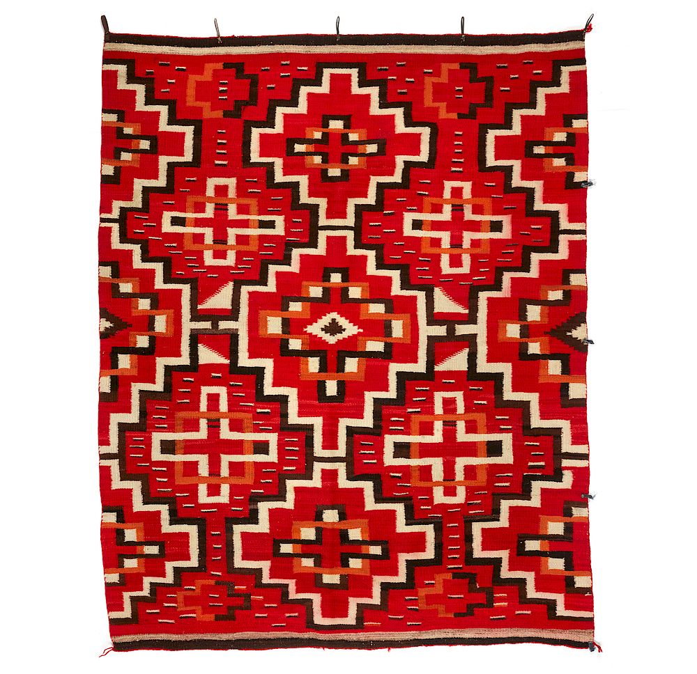 Appraisal: Navajo Rug Navajo rug with geometric design on red ground