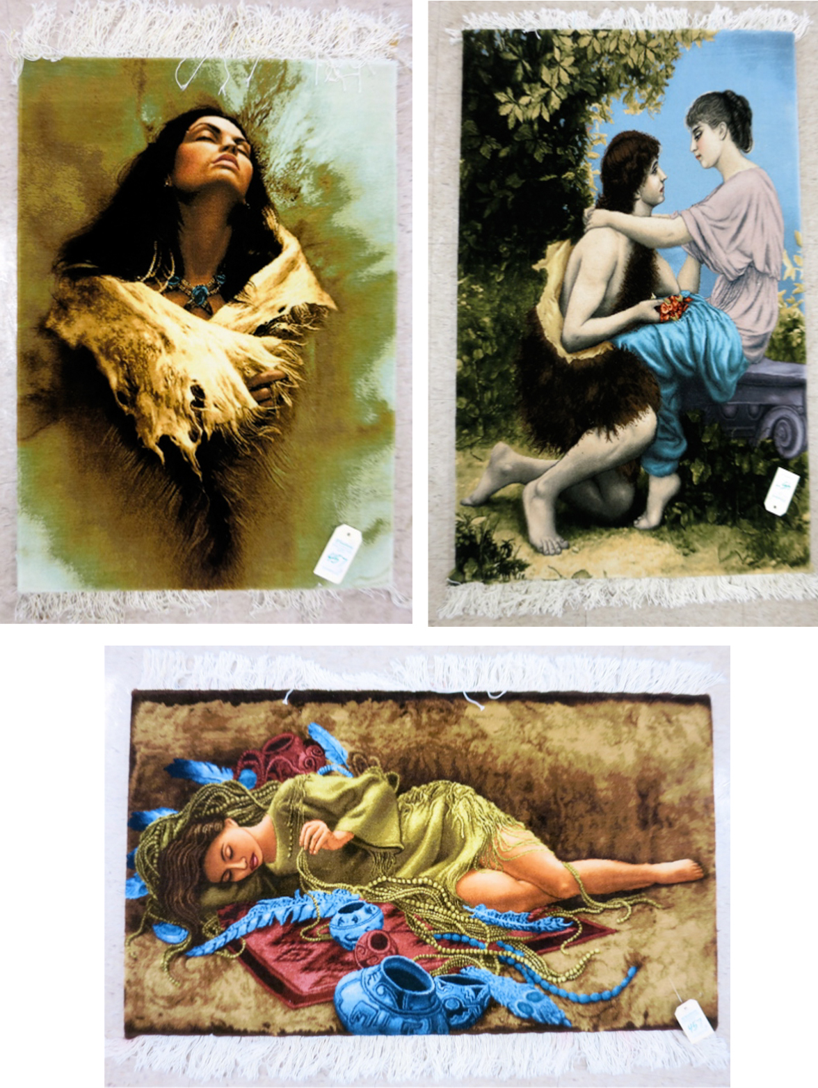 Appraisal: THREE PERSIAN TABLEAU PICTORIAL WALL RUGS portraits of beautiful women