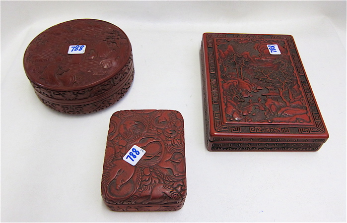 Appraisal: THREE CHINESE RED CINNABAR COVERED BOXES including one round and