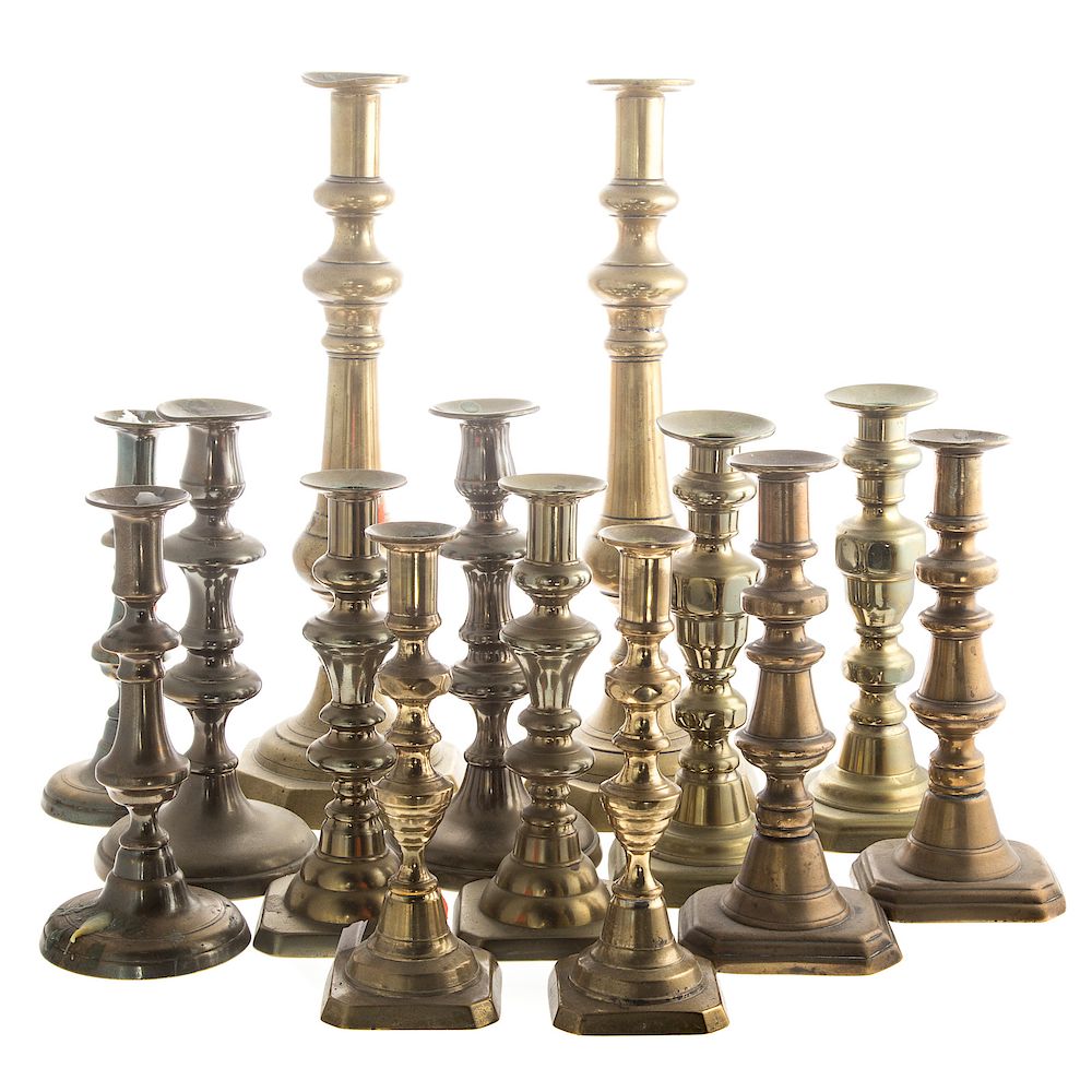 Appraisal: Seven Pairs Of Victorian Brass Candlesticks second half th century