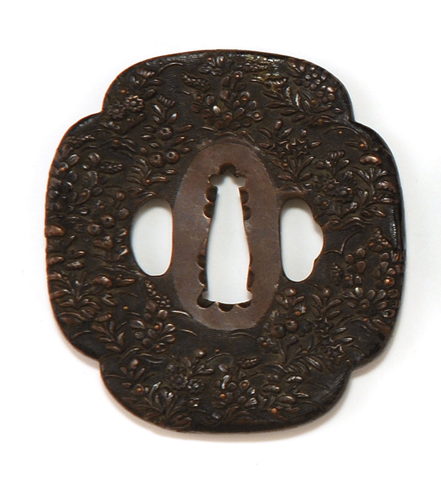 Appraisal: COPPER BRONZE MOKKO-FORM TSUBA th CenturyWith relief floral design Length