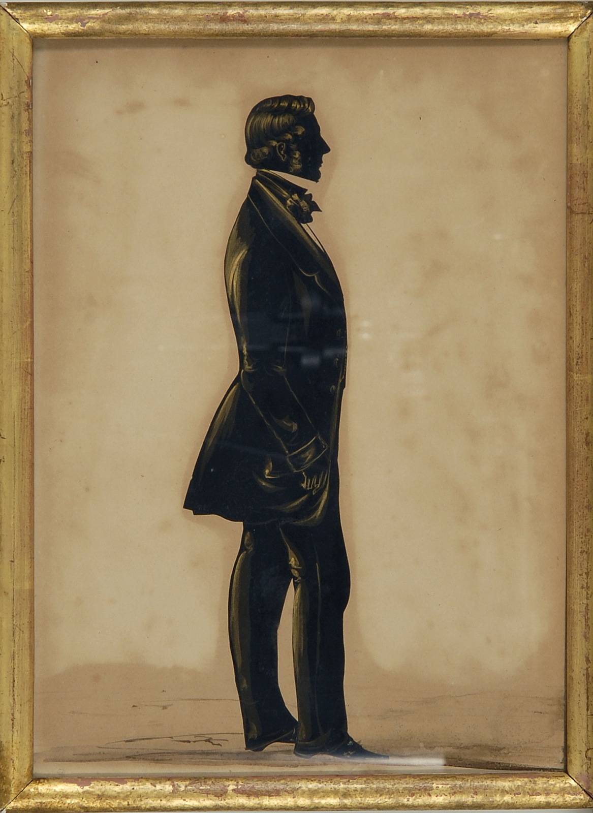 Appraisal: FRAMED CUT PASTE SILHOUETTE WITH GILT EMBELLISHMENTS th CenturyFull-length portrait