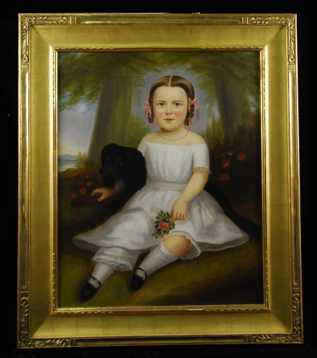 Appraisal: AMERICAN SCHOOL th century SEATED GIRL WITH DOG oil on