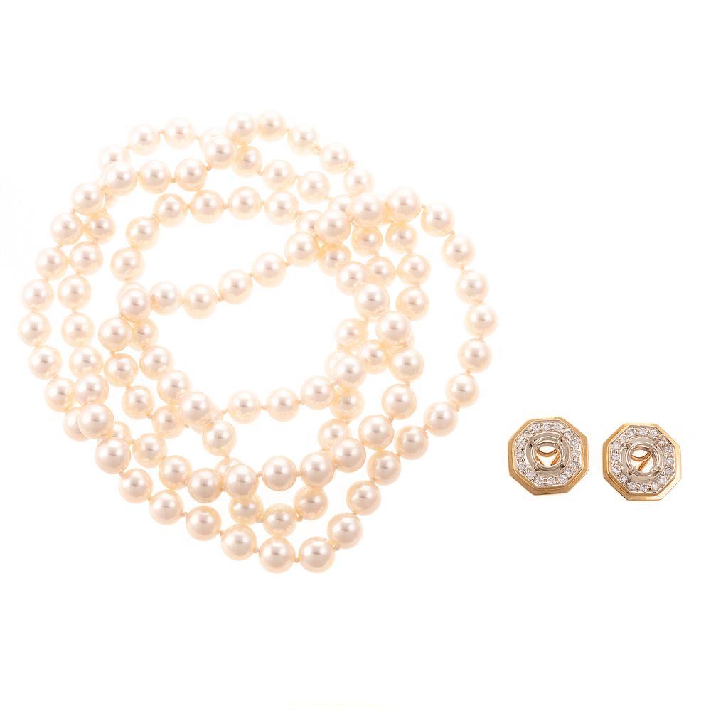 Appraisal: An Akoya Pearl Necklace K Diamond Ear Clips A strand