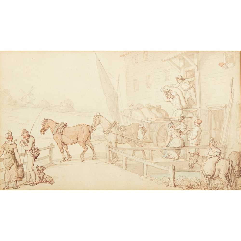 Appraisal: THOMAS ROWLANDSON BRITISH - FIGURES AND HORSES OUTSIDE A MILL