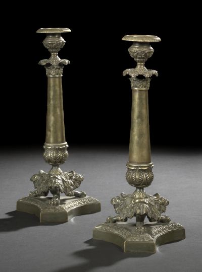 Appraisal: Pair of Louis-Philippe Patinated Bronze Tripodal Columnar Candlesticks second quarter