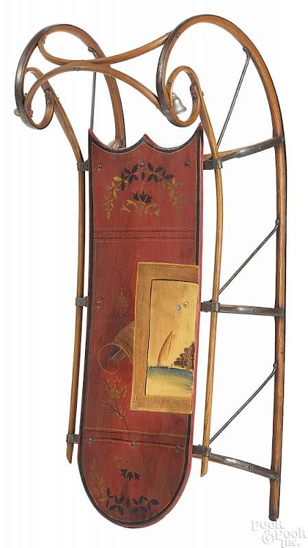 Appraisal: Child's painted wood sled Child's painted wood sled with bentwood