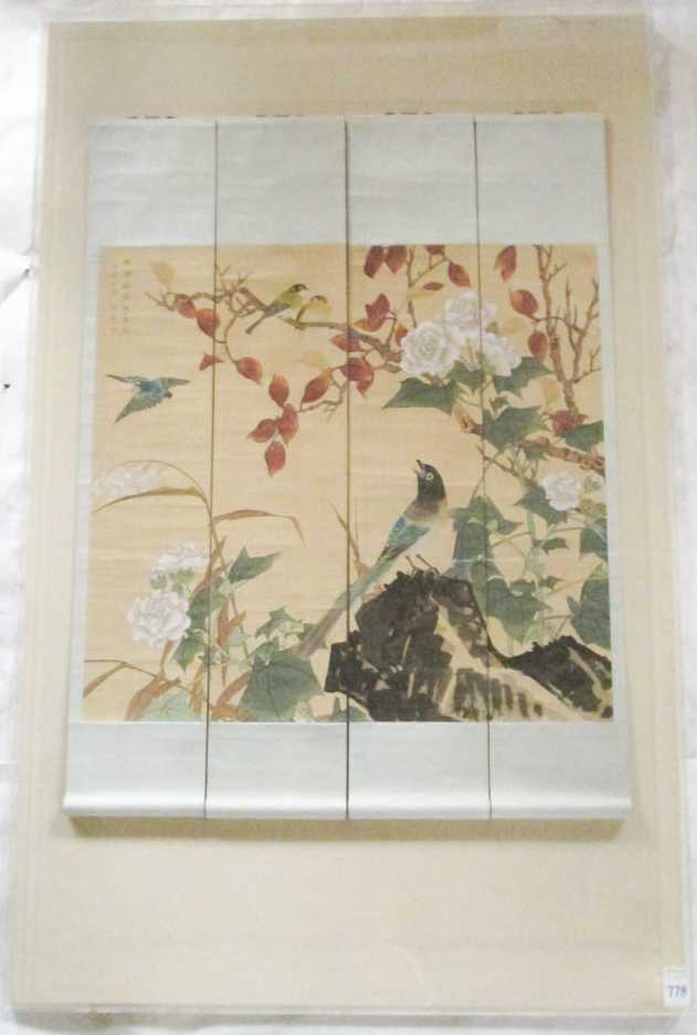 Appraisal: CHINESE QUADRIPTYCH SCROLL PAINTING ON SILK birds and flowers Image