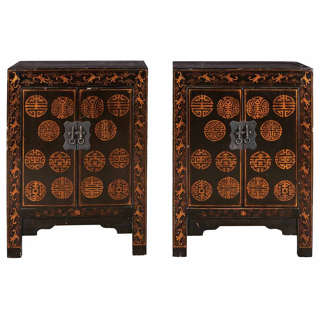 Appraisal: Pair of Chinese Black Lacquered Side Cabinets Each with stylized