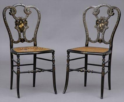 Appraisal: PAIR OF VICTORIAN MOTHER-OF-PEARL INLAID BLACK LACQUER SIDE CHAIRS Each