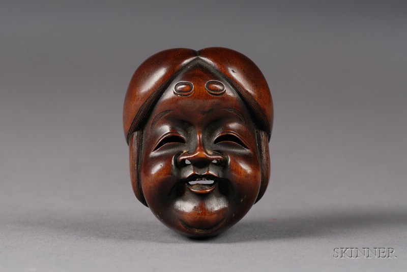 Appraisal: Boxwood Mask Netsuke th century female figure signed with a