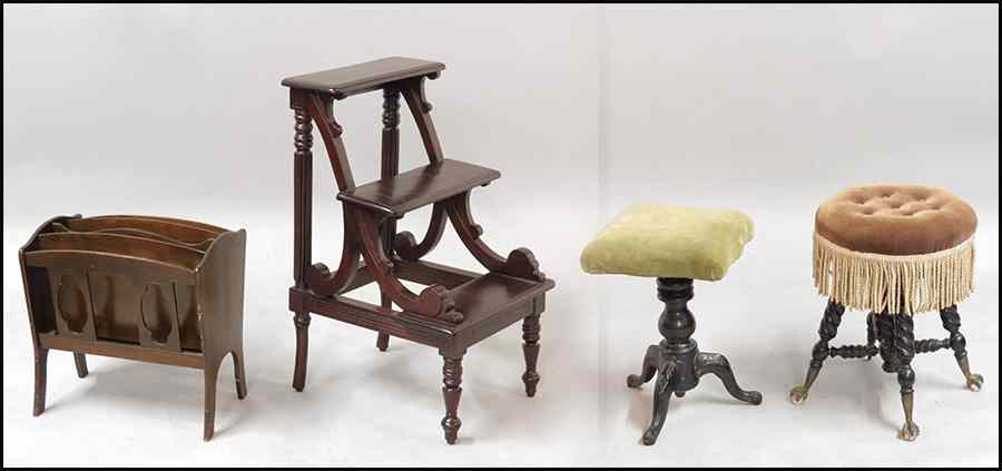 Appraisal: TWO WOOD AND UPHOLSTERED STOOLS Together with a wood magazine