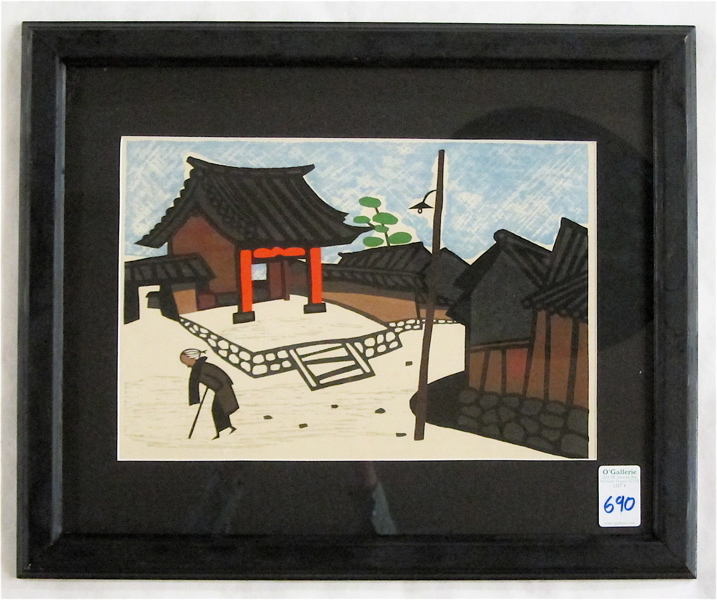 Appraisal: KIYOSHI SAITO WOODCUT Japan - Village with an elderly woman