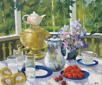 Appraisal: Mark Kremer Russian born Breakfast on Veranda Oil on canvas