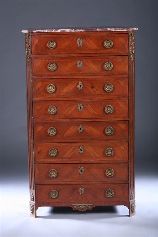 Appraisal: LOUIS XVI STYLE MARBLE-TOP KINGWOOD INLAID CHEST OF DRAWERS th