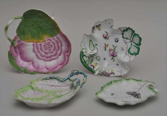 Appraisal: ONE PORCELAIN PEONY DISHES AND THREE ENGLISH LEAF-FORM DISHES Variously