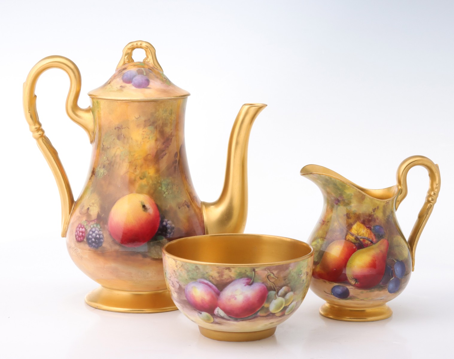 Appraisal: ROYAL WORCESTER 'PAINTED FRUIT' THREE PIECE COFFEE SETThe finely painted