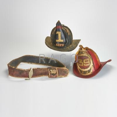 Appraisal: TH C FIREMAN S ACCOUTREMENTS Three pieces two helmets with