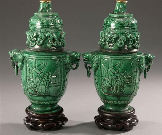 Appraisal: A PAIR OF CHINESE MONOCHROME GREEN PORCELAIN VASES Of ovoid